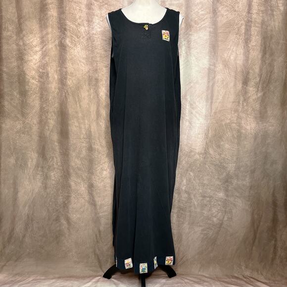 Vintage 90s Black Sleeveless Patchwork Garden Seed Packet Shift Dress Cottage - Picture 1 of 11